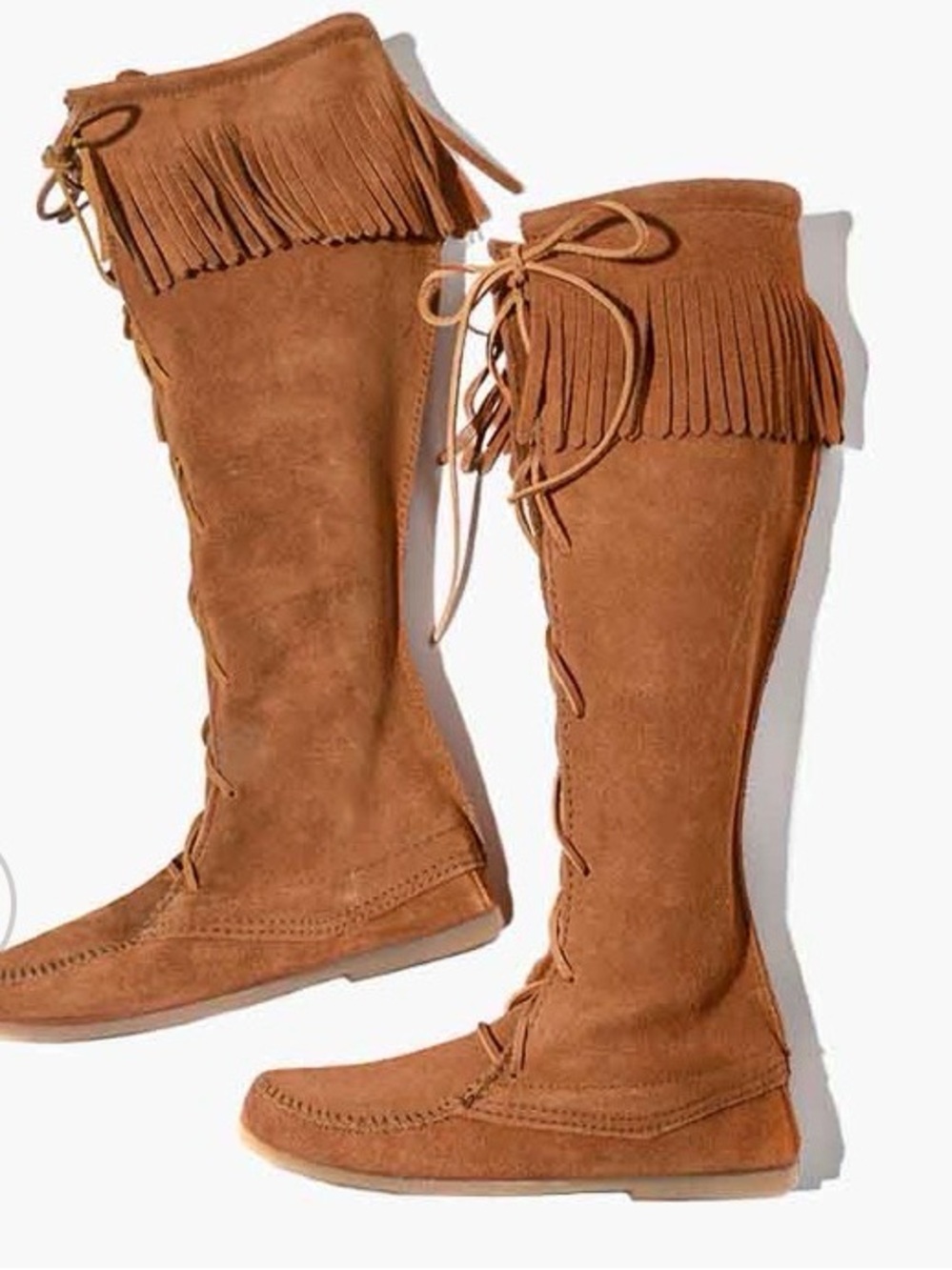 Minnetonka Fringe Lace-Up Over-the-Knee Suede Boots in Chestnut